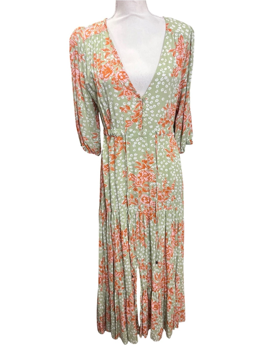 Abel The Label Floral Maxi Dress Medium Green Boho Tiered Rayon V Neck - Picture 2 of 12